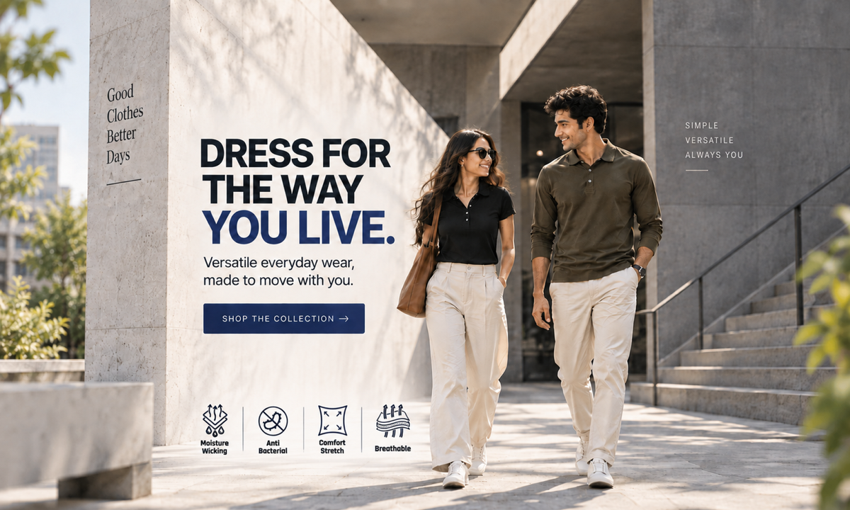 A man and a woman walk down a modern outdoor walkway beside a large white advertising panel. The panel reads, 'DRESS FOR THE WAY YOU LIVE.